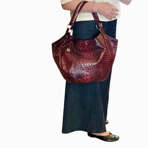Brahmin Jacqueline Melbourne Fig Croc Embossed Wine Hobo Shoulder Bag Tote Gold